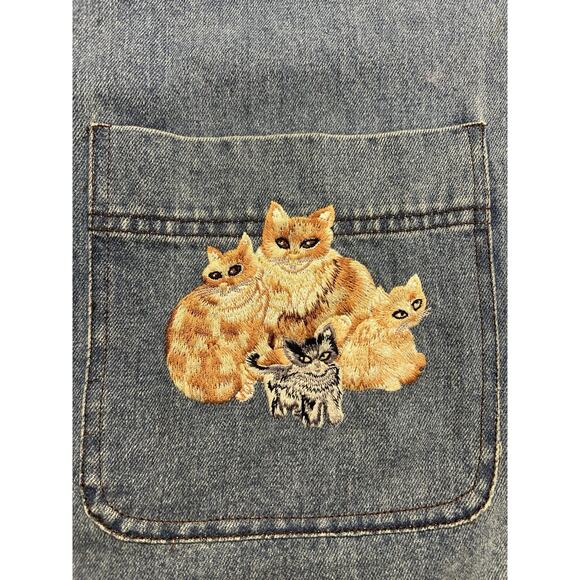 Quacker Factory Cat Denim Shirt Size 1X Corduroy Collar Embroidered Rhinestones - Picture 7 of 14